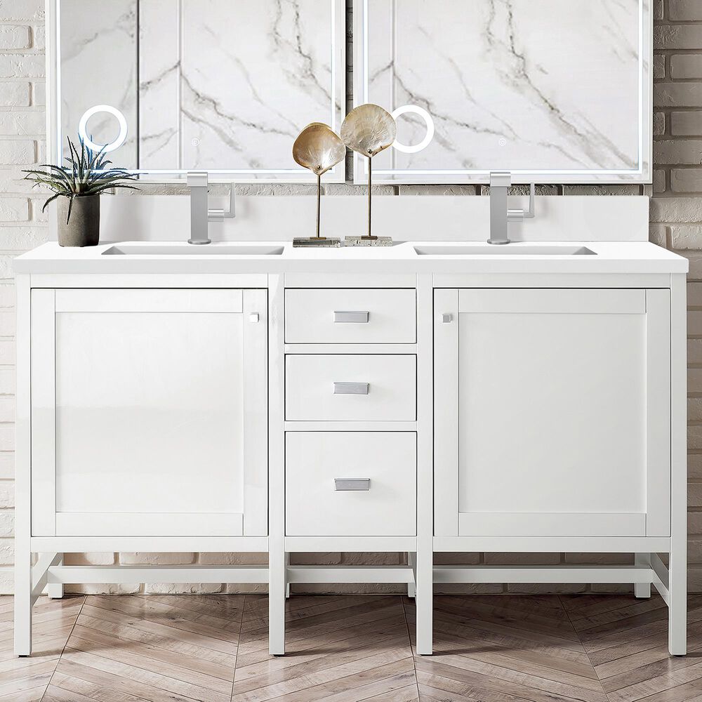 James Martin Vanities Addison 60&quot; Double Bathroom Vanity in Glossy White with 3 cm White Zeus Quartz Top and Rectangular Sinks, , large