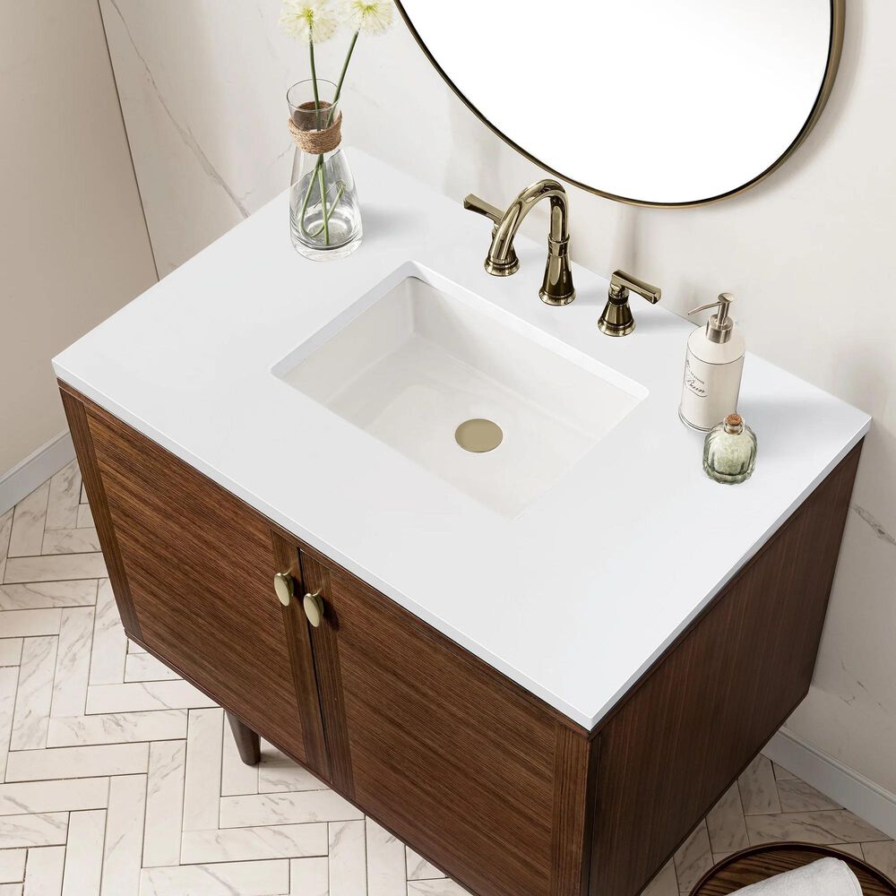 James Martin Vanities Amberly 36&quot; Single Bathroom Vanity in Walnut with 3 cm White Zeus Quartz Top and Rectangular Sink, , large