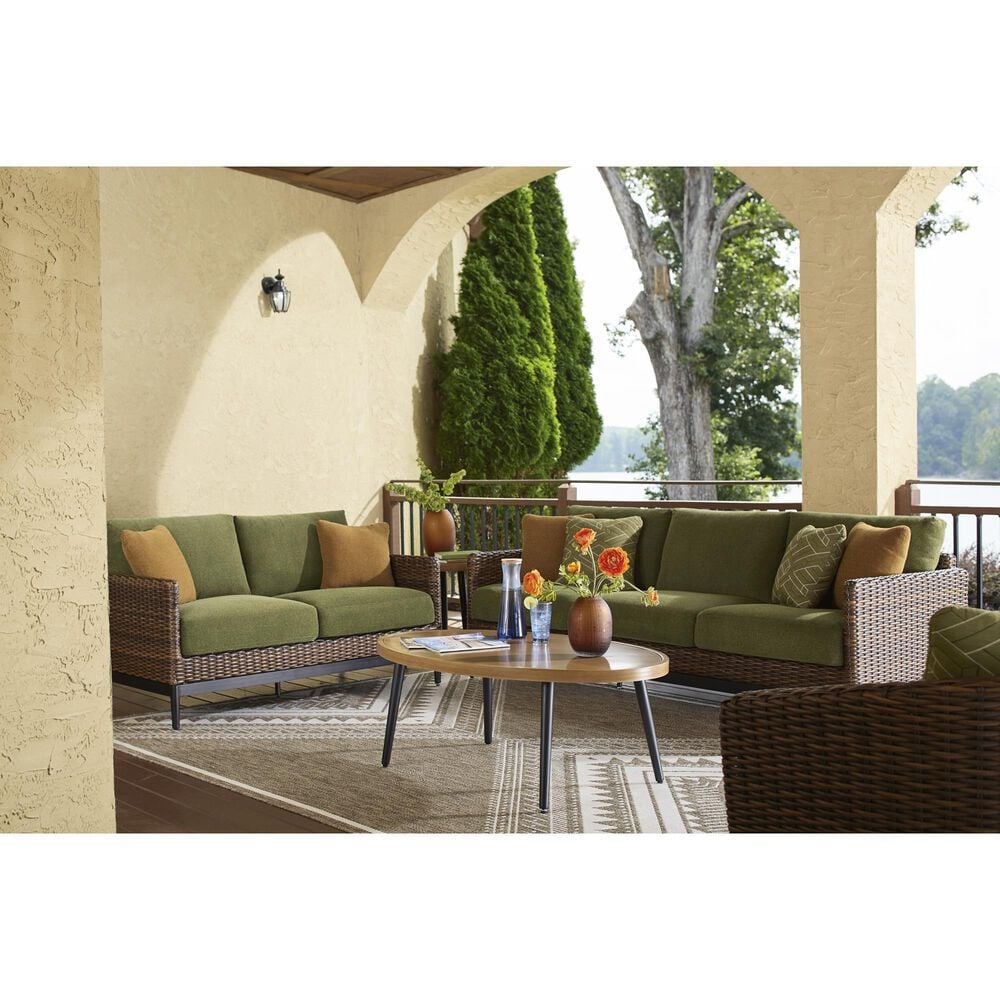 Ashley Horizon Hall Outdoor Loveseat with Green Cushion in Brown, , large