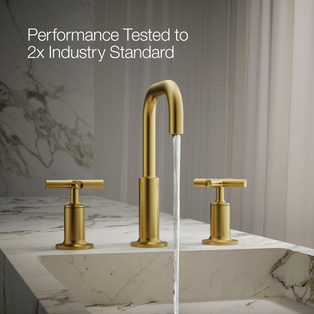 Kohler Purist Widespread Bathroom Sink Faucet with Cross Handles and High Gooseneck Spout in Vibrant Brushed Moderne Brass, , large