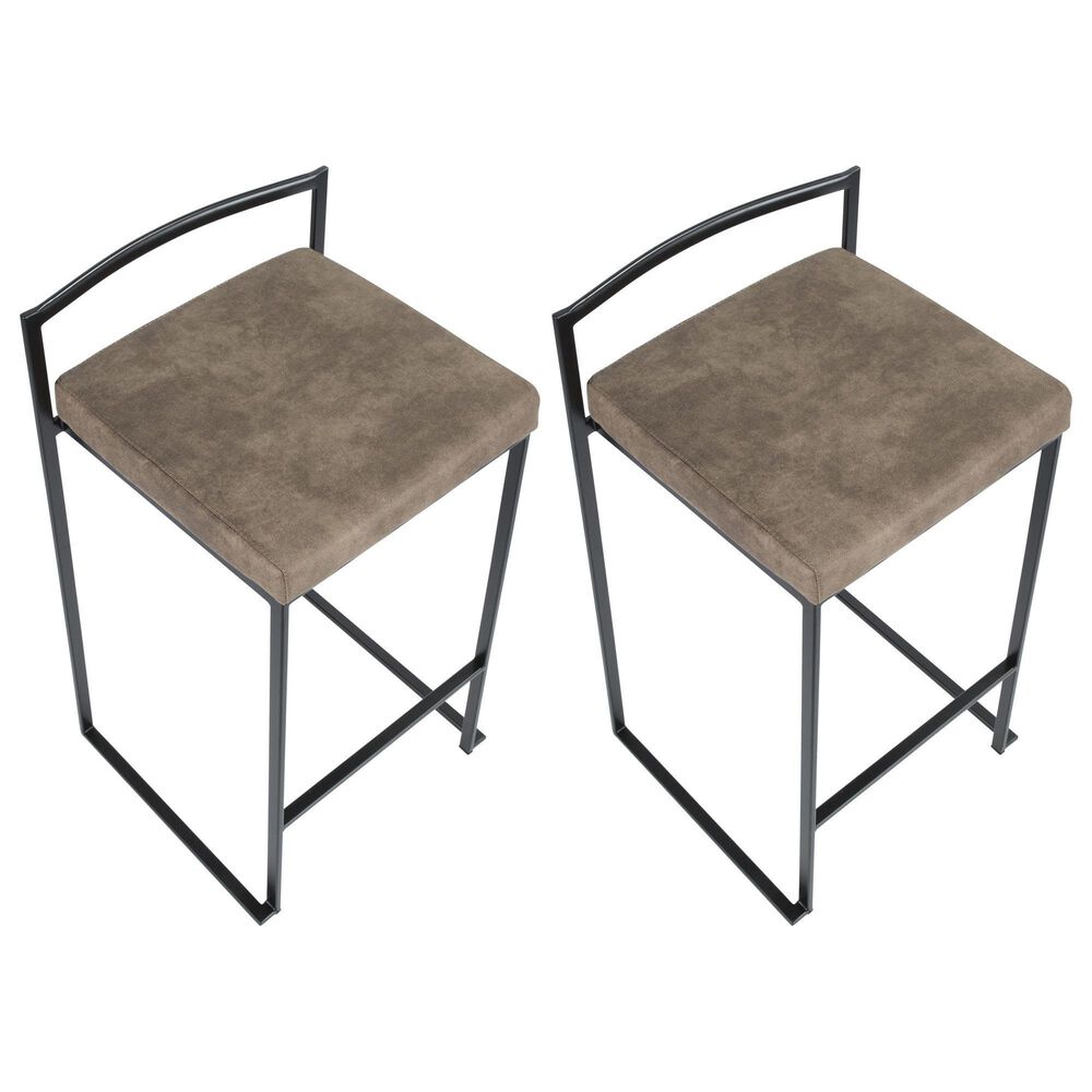 LumiSource Fuji 26" Stacker Counter Stool with Brown Cowboy Upholstery in Black (Set of 2), , large
