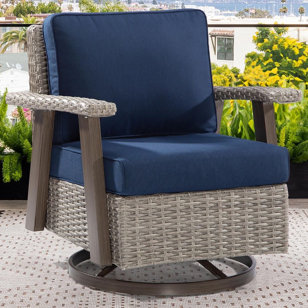 Sunwell Garden Patio Outdoor Swivel Chair with Light Gray Wicker in Navy, , large