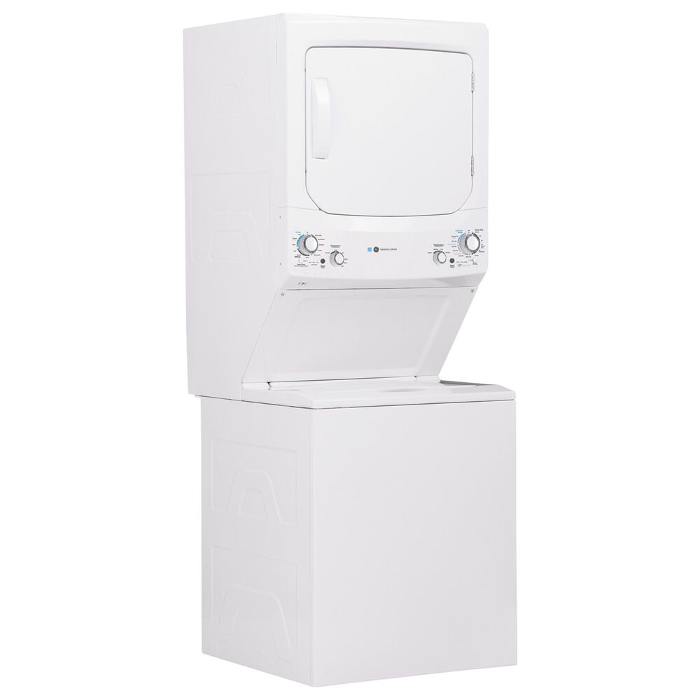 GE Appliances 3.9 Cu. Ft. Front Load Washer and 5.9 Cu. Ft. Gas Dryer Stack Laundry in White, , large