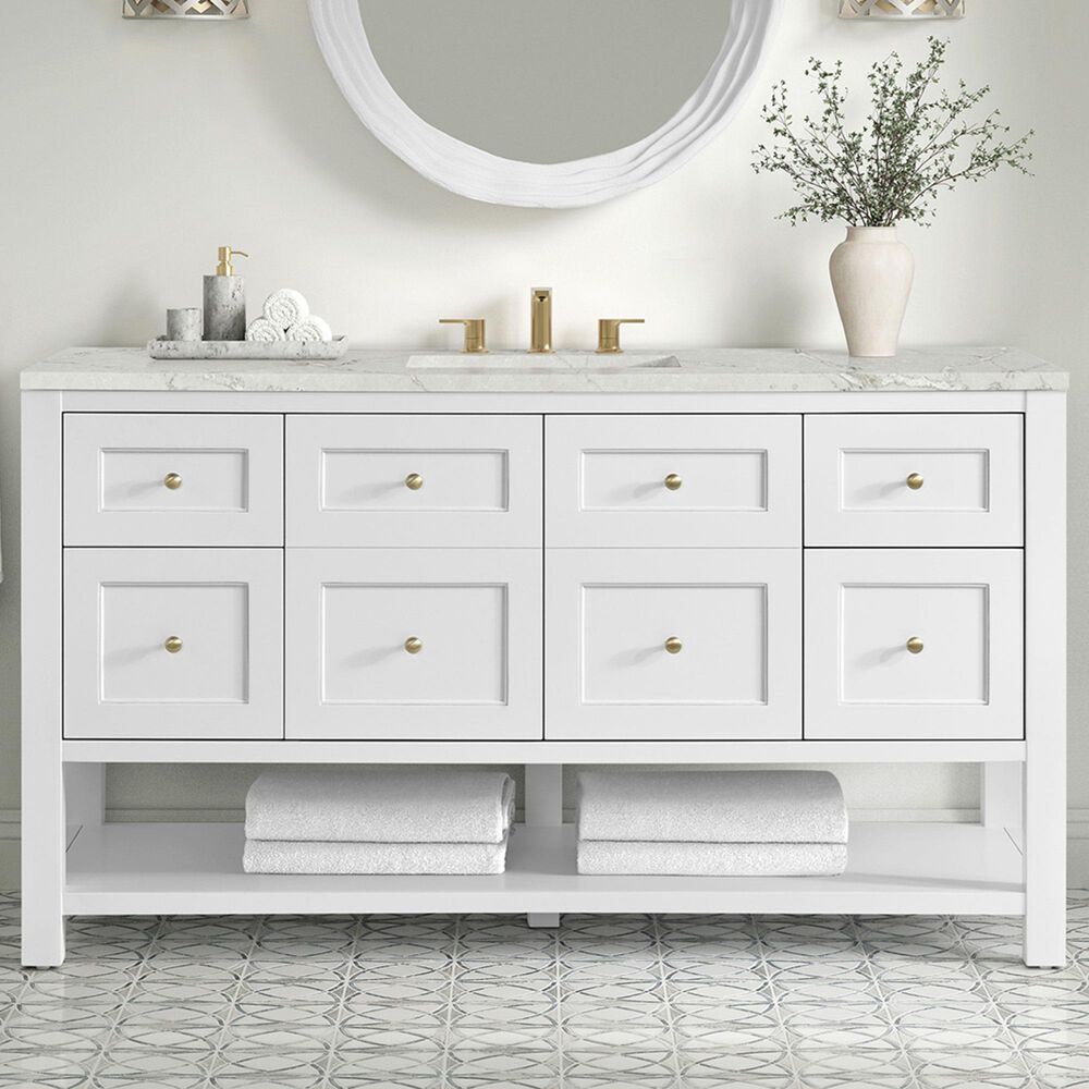 James Martin Vanities Breckenridge 60" Single Bathroom Vanity in Bright White with 3 cm Victorian Silver Quartz Top, Rectangular Sink and FreePower Wireless Charger, , large