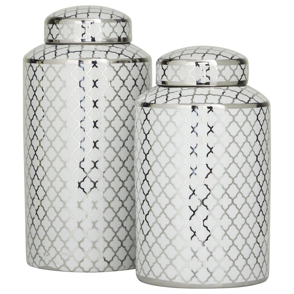 Maple and Jade 2-Piece Jar Set with Geometric Accents in Glossy Silver and White, , large