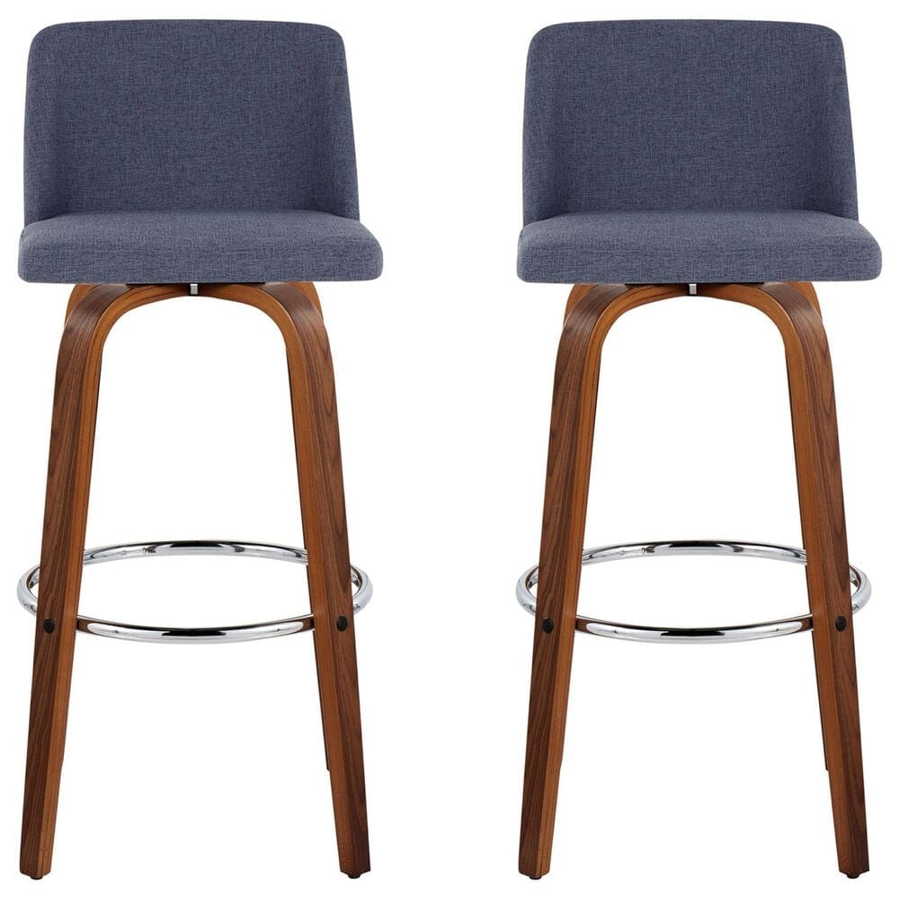 LumiSource Toriano Swivel Bar Stool with Blue Fabric Upholstery in Walnut and Chrome (Set of 2), , large