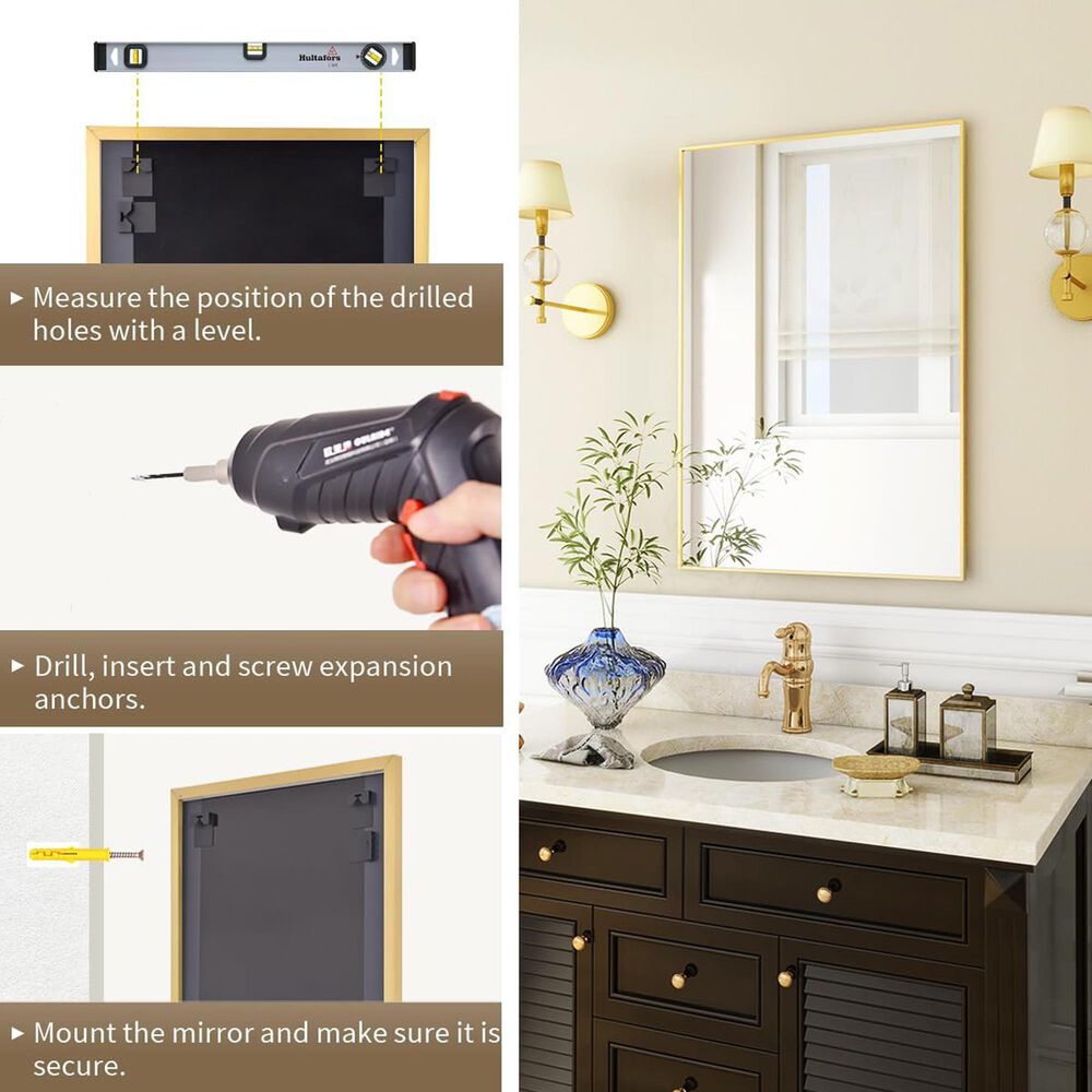 HOMLUX 24" x 36" Wall Mount Rectangular Decorative Mirror in Gold, , large