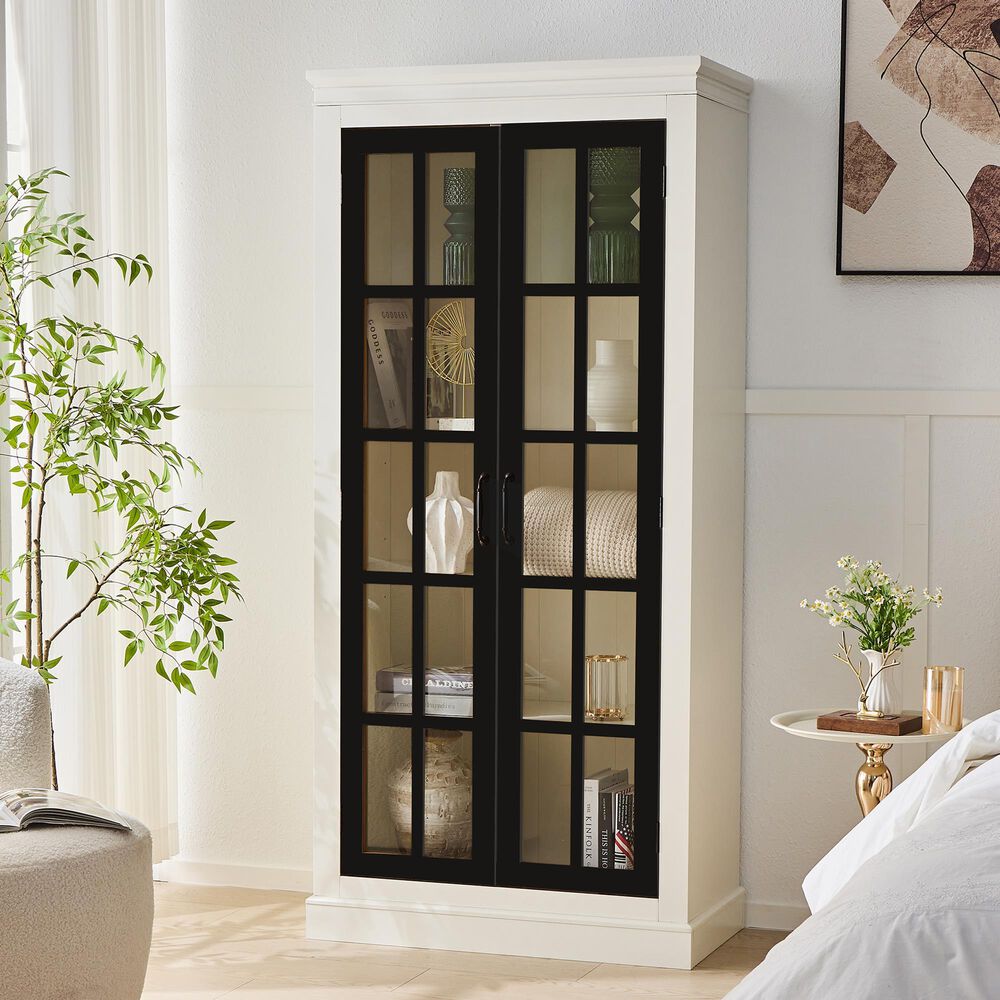 Hearth and Haven 71.2'' Freestanding Glass Door Pantry with Adjustable Shelves in White and Black, , large
