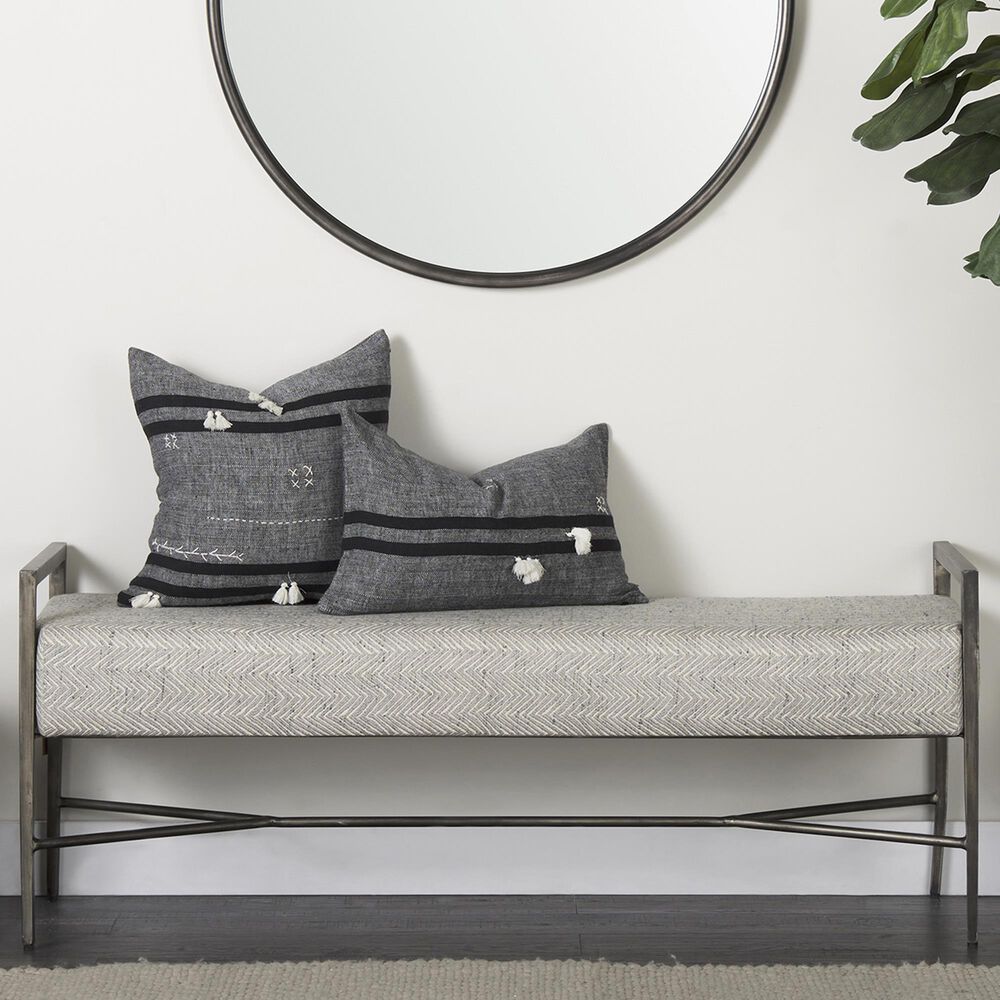 Mercana Charlotte Bench with Gray Herringbone Fabric Cushion Seat in Antique Nickel, , large