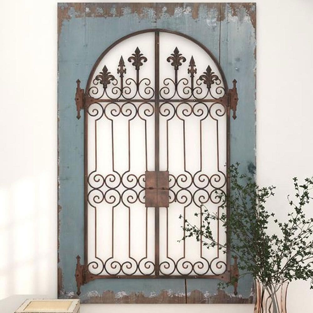 Maple and Jade 33&quot; x 50&quot; Arched Windowpane Fleur De Lis Home Wall Decor with Rust Metal Scrolled Gate in Distressed Blue and Bronze, , large