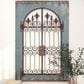 Maple and Jade 33" x 50" Arched Windowpane Fleur De Lis Home Wall Decor with Rust Metal Scrolled Gate in Distressed Blue and Bronze, , large