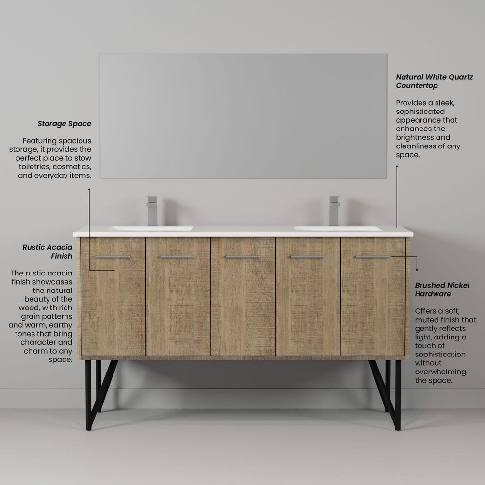 Lexora Home Lancy 60" Double Bathroom Vanity in Rustic Acacia with 2 cm White Quartz Top and Rectangular Sinks, , large