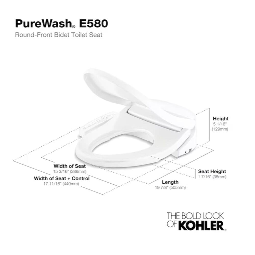 Kohler PureWash E580 Round-Front Bidet Toilet Seat in White, , large