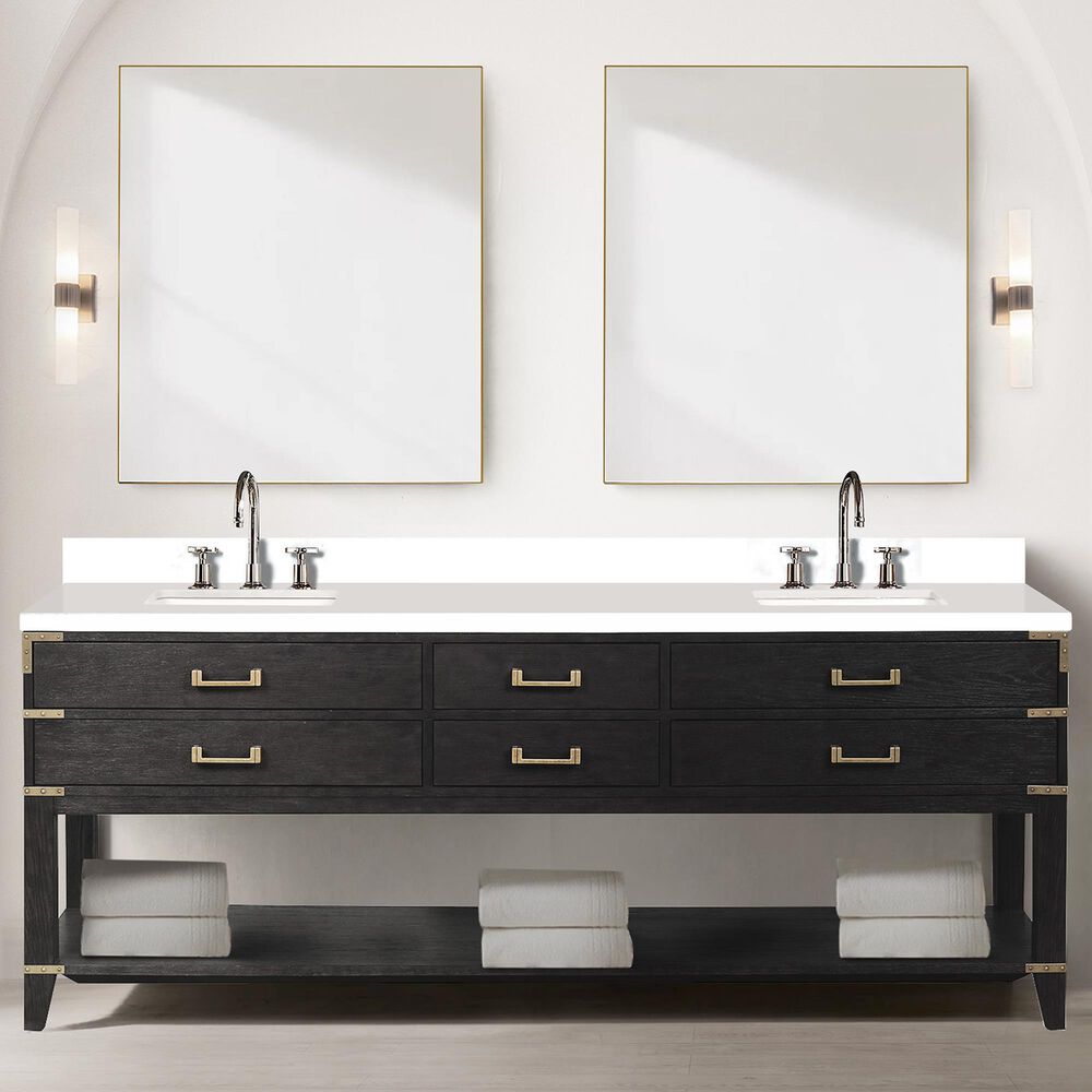 Lexora Home Norwalk 84&quot; Double Bathroom Vanity in Black Oak with White Quartz Top and Rectangular Sinks, , large
