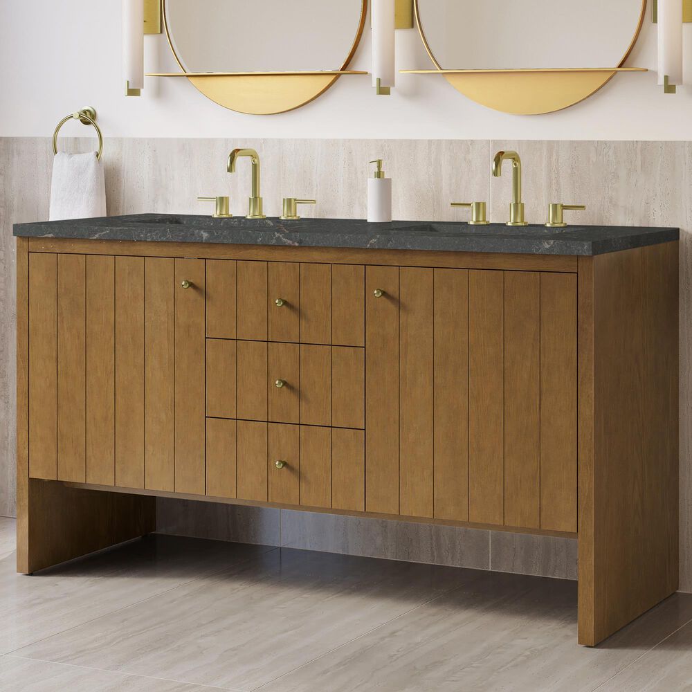 James Martin Hudson 60" Double Bathroom Vanity in Honey Oak with 3 cm Parisien Bleu Silestone Top, Rectangular Sinks and FreePower Wireless Charger, , large