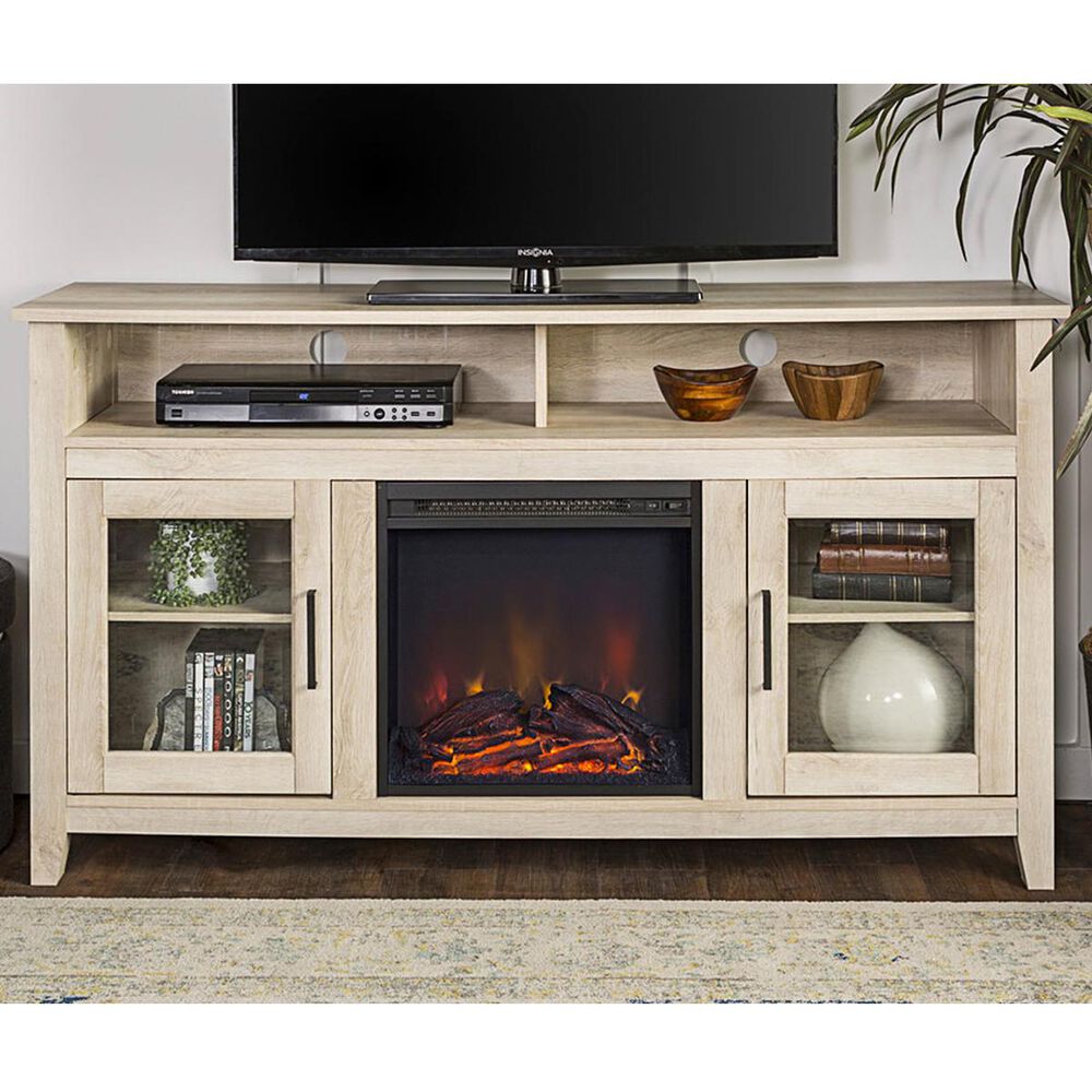 Walker Edison Wasatch 58" Fireplace Glass Wood TV Stand in White Oak
