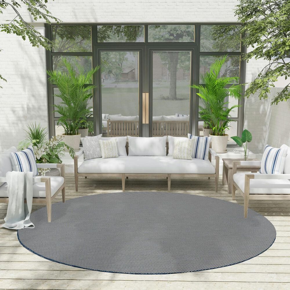 Nourison Courtyard Ivory and Blue 8&#39; Round Indoor/Outdoor Area Rug, , large