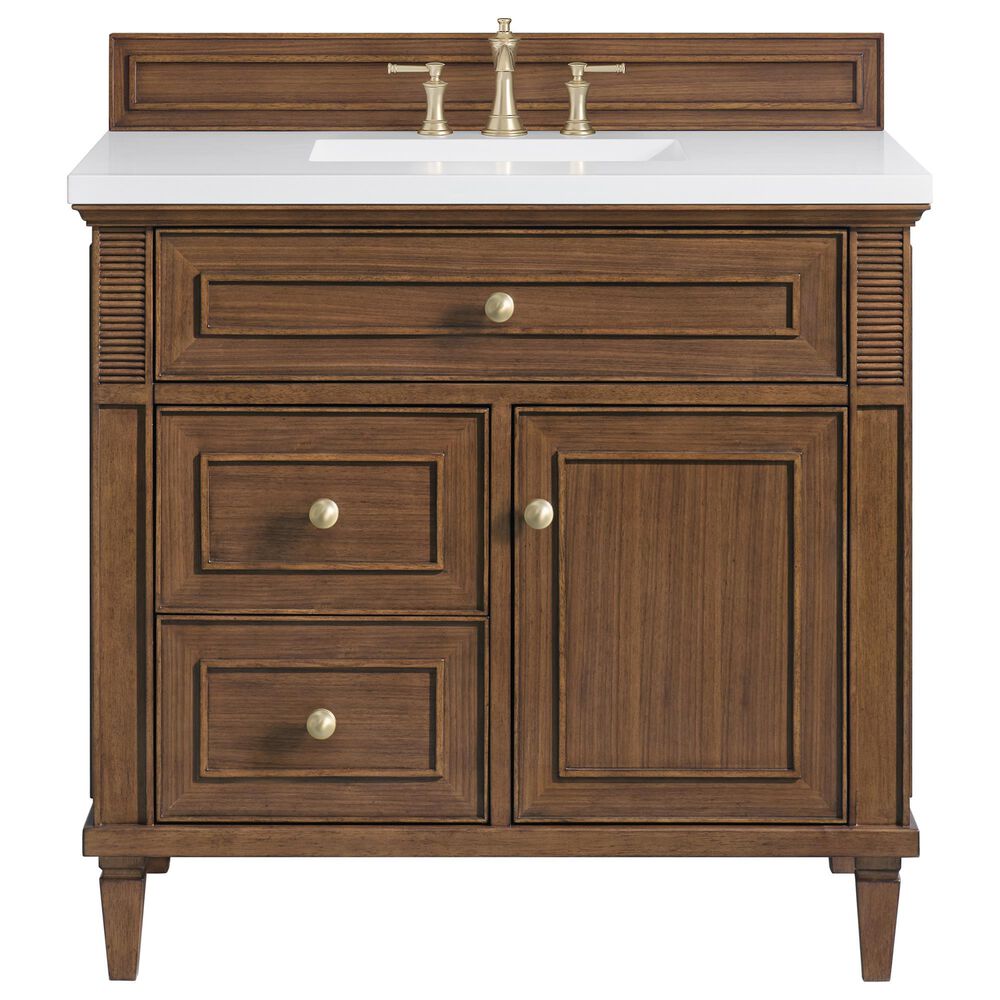 James Martin Vanities Lorelai 36&quot; Single Vanity in Mid-Century Walnut with 3 CM White Zeus Quartz Top, , large
