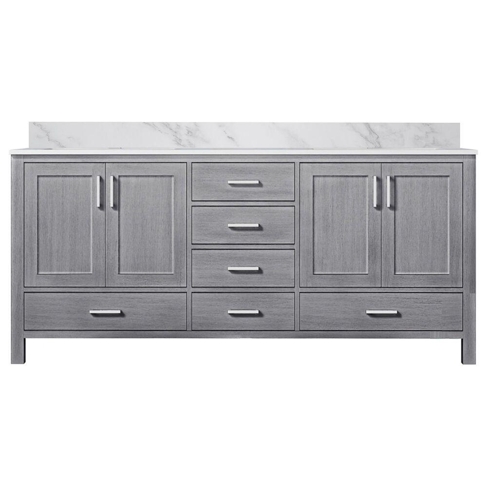 Lexora Home Jacques 72" Double Bathroom Vanity in Distressed Grey with 2 cm White Carrara Marble Top and Rectangular Sinks, , large