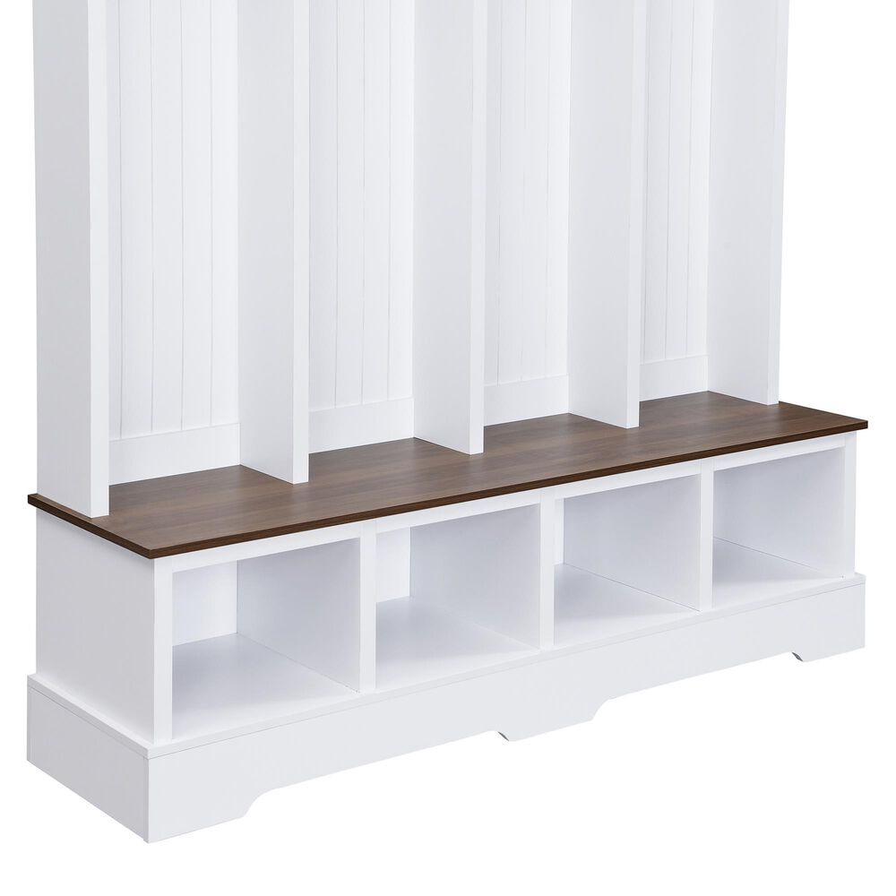 HOMLUX 8-Hook Hall Tree with Entryway Bench in White and Walnut, , large