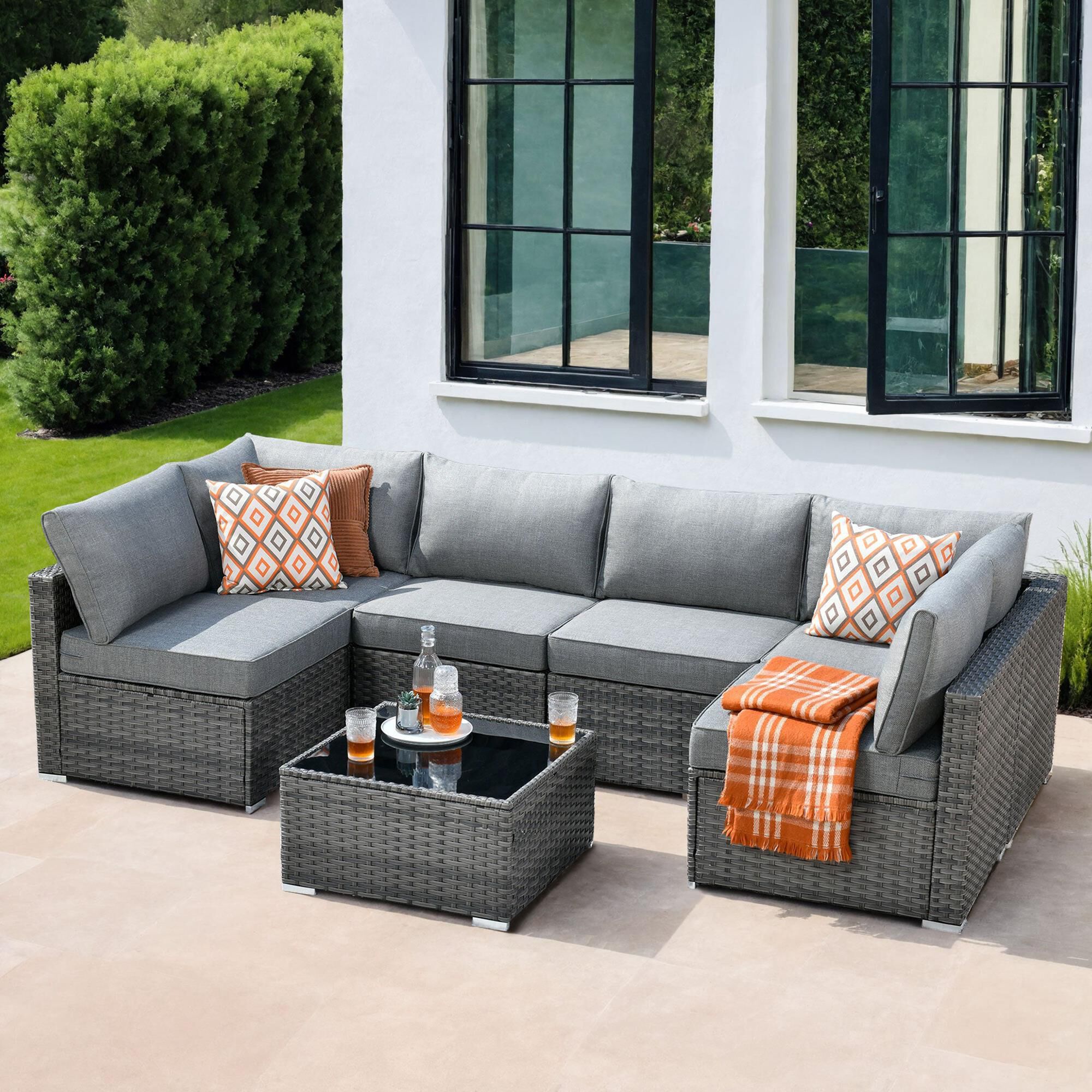 HOMLUX 7-Piece Patio Conversation Set with Grey Wicker in Dark Gray