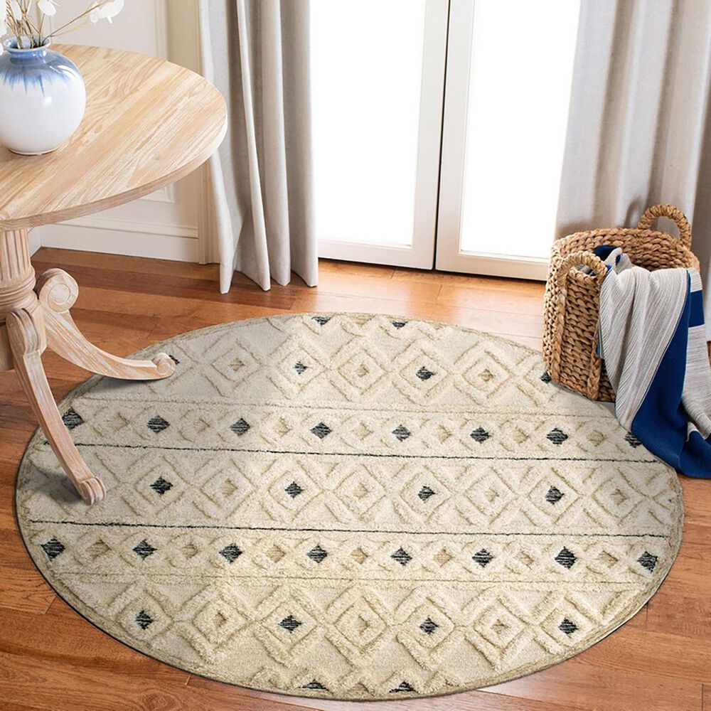 L&amp;R Resources Sinuous Geometric Diamonds 4&#39; Round Cream and Blue Area Rug, , large