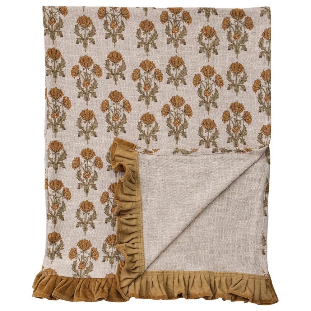Creative Coop Cozy 60"x 50" Cotton Slub Printed Throw with Velvet Ruffle in Multicolor, , large