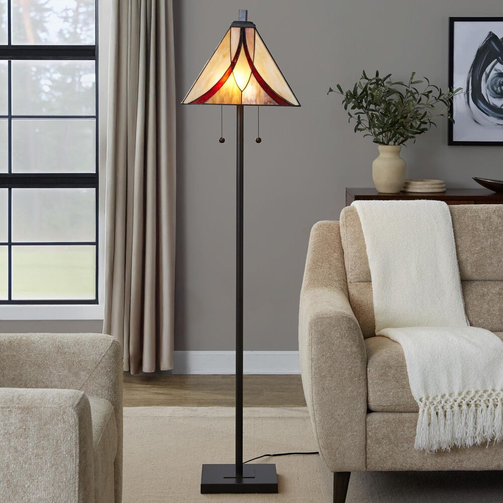 LumiSource Ren Floor Lamp with Brown and Cream Glass Shade in Oil Rubbed Bronze, , large