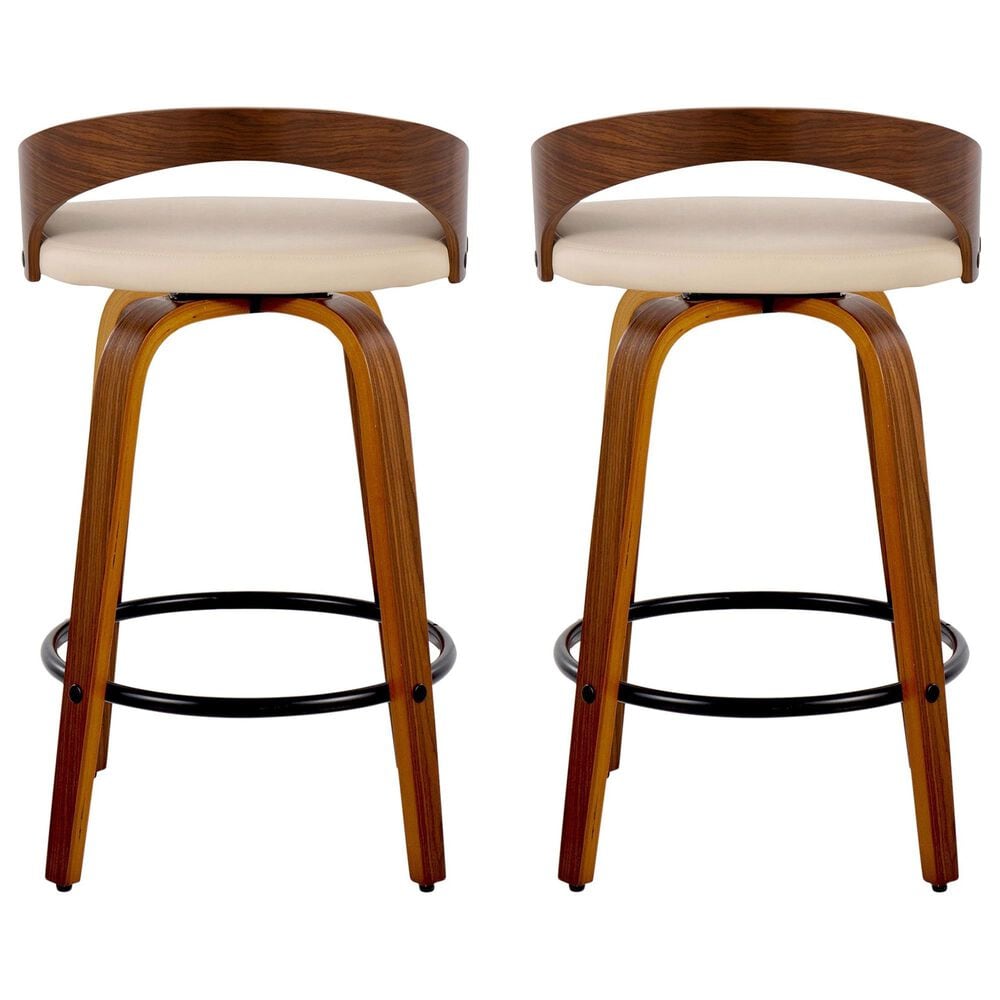 LumiSource Grotto 26" Swivel Counter Stool with Cream Faux Leather Upholstery in Walnut and Black (Set of 2), , large