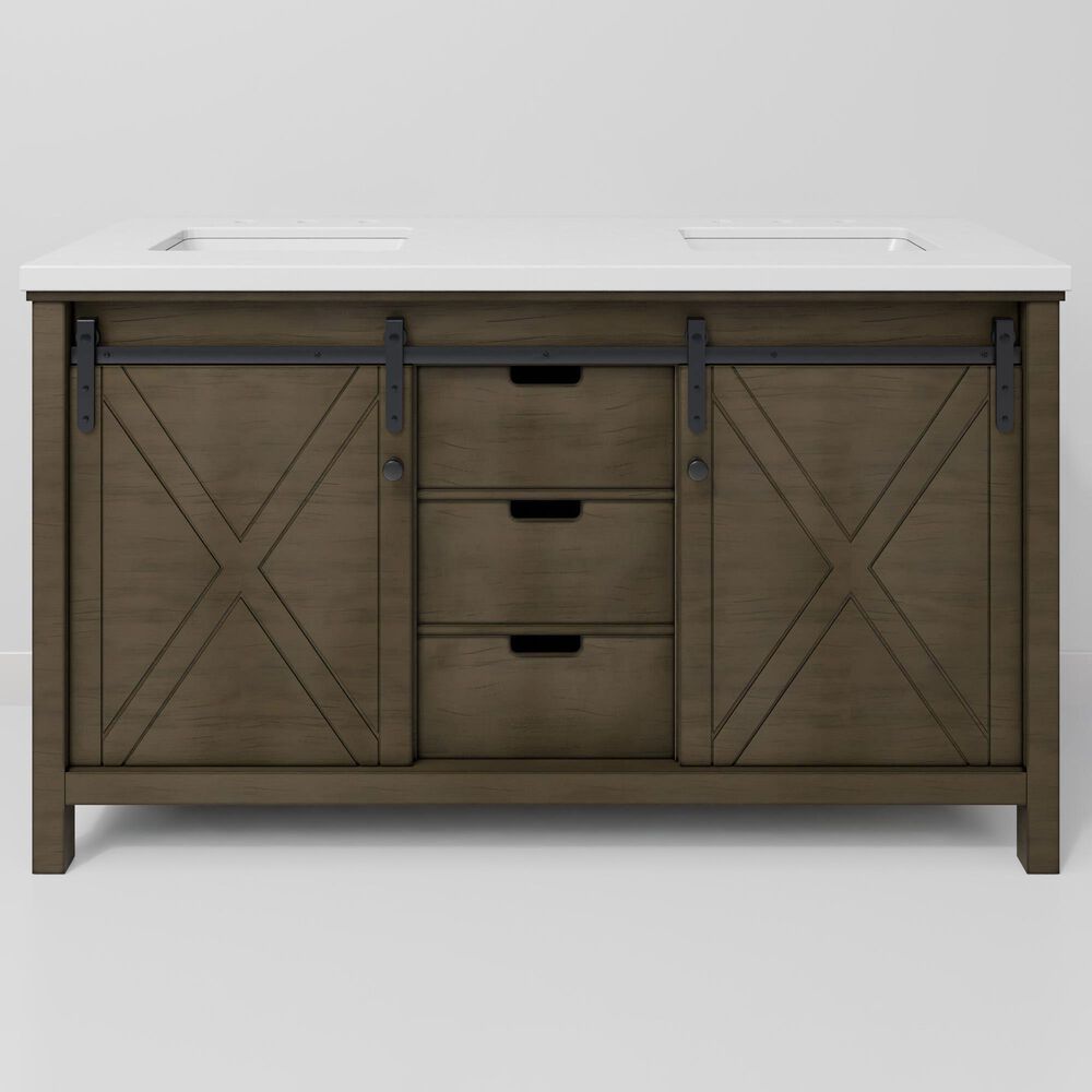Lexora Home Marsyas 60" Double Bathroom Vanity in Rustic Brown with White Quartz Top and Rectangular Sinks, , large