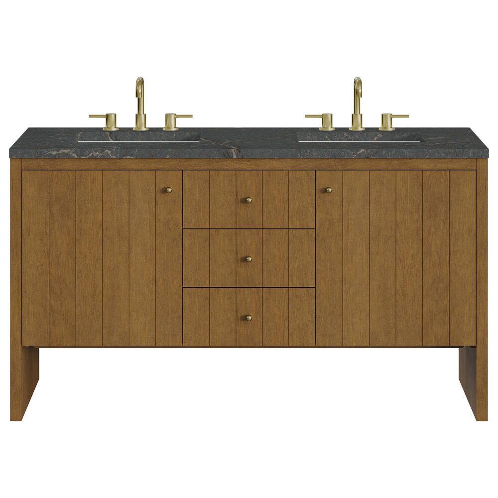 James Martin Hudson 60" Double Bathroom Vanity in Honey Oak with 3 cm Parisien Bleu Silestone Top and Rectangular Sinks, , large