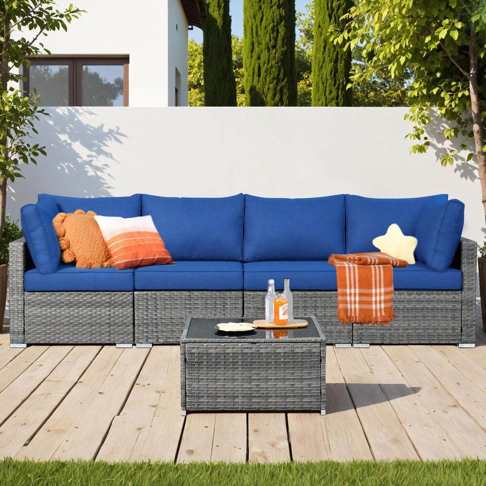 HOMLUX 5-Piece Patio Conversation Set with Grey Wicker in Navy Blue, , large
