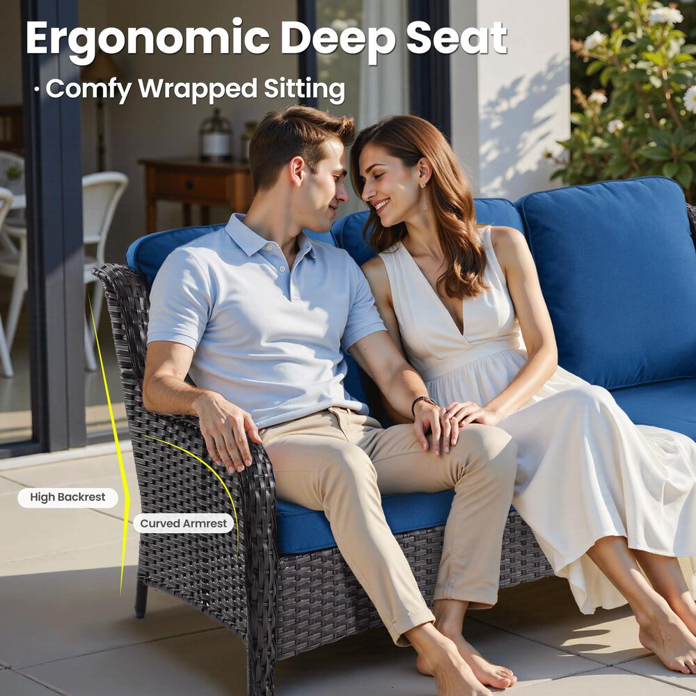 HOMLUX 7-Piece Patio Set with 42 Inch Fire Pit Table, Outdoor Wicker Sofa and Swivel Rocking Chairs, Brown Rattan in Navy Blue, , large