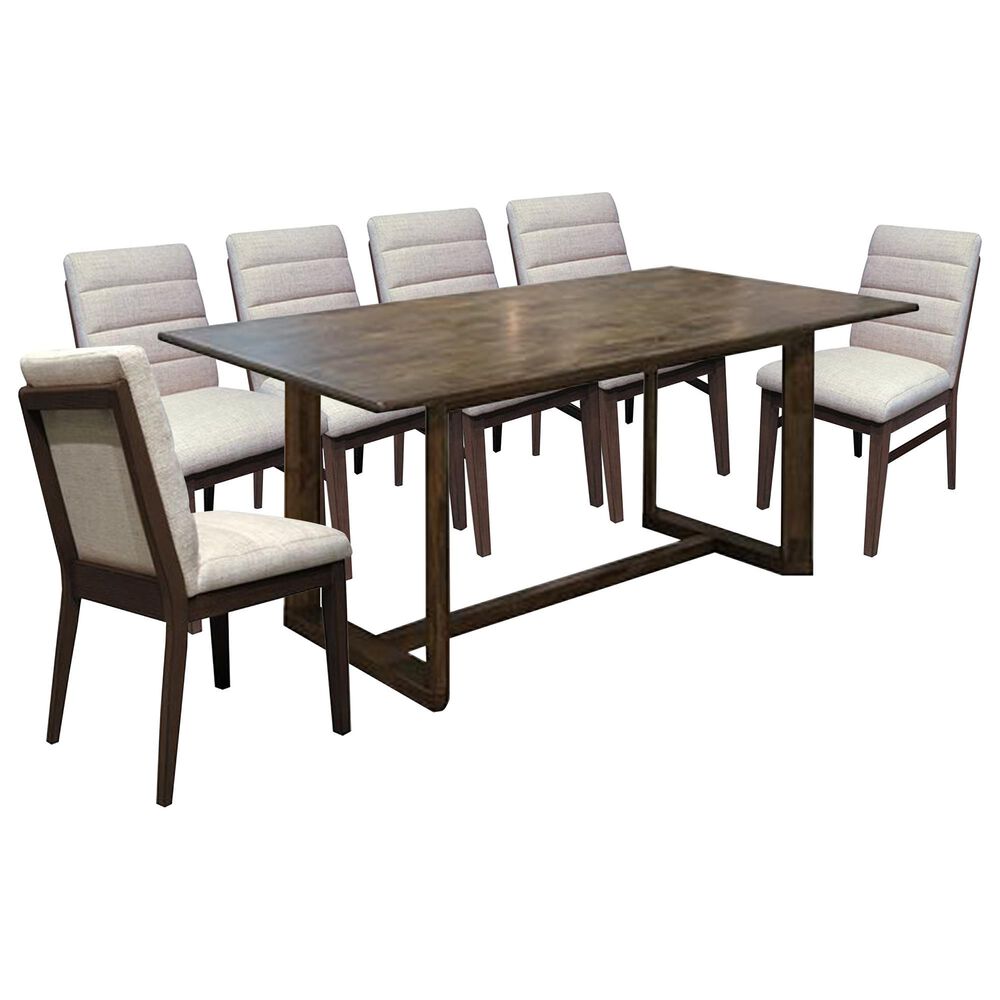 EMALD Ronan Trestle Dining Table with 6 Dining Chairs in Dark Brown Finish and Cream Upholstery, , large