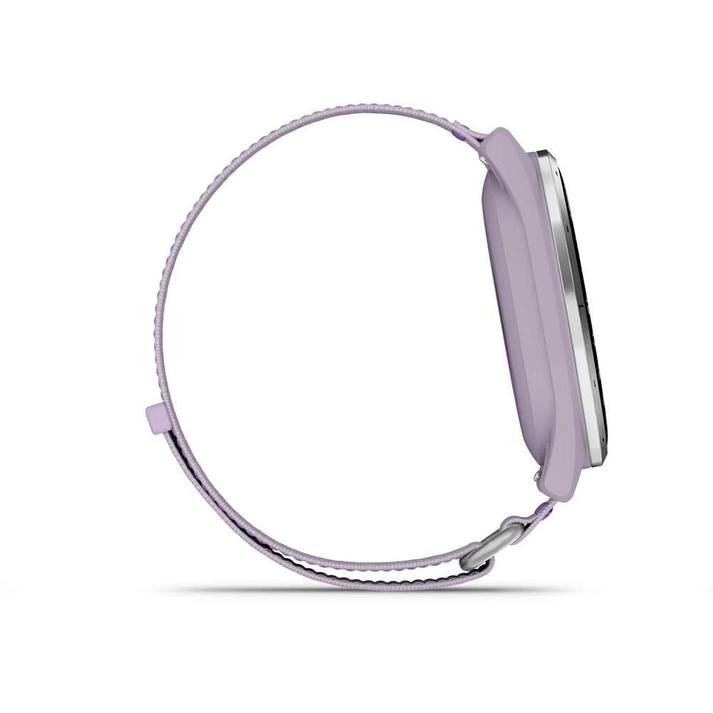 Garmin Approach J1 43mm Junior Golf GPS Smartwatch in Silver Aluminum Bezel with Lilac ComfortFit Fabric Band, , large