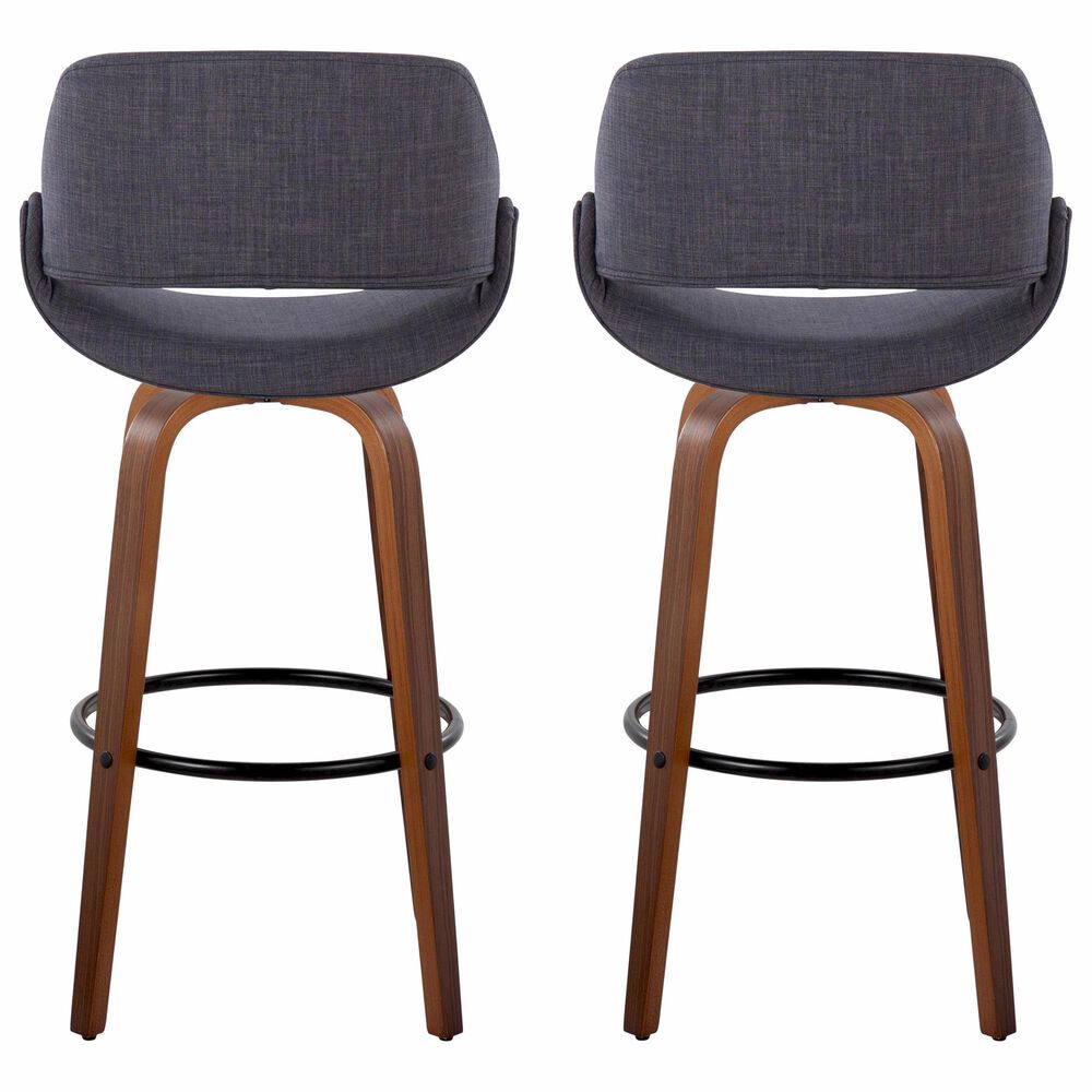 LumiSource Fabrico 30" Swivel Fixed-Height Bar Stool with Charcoal Fabric Upholstery in Black and Walnut (Set of 2), , large