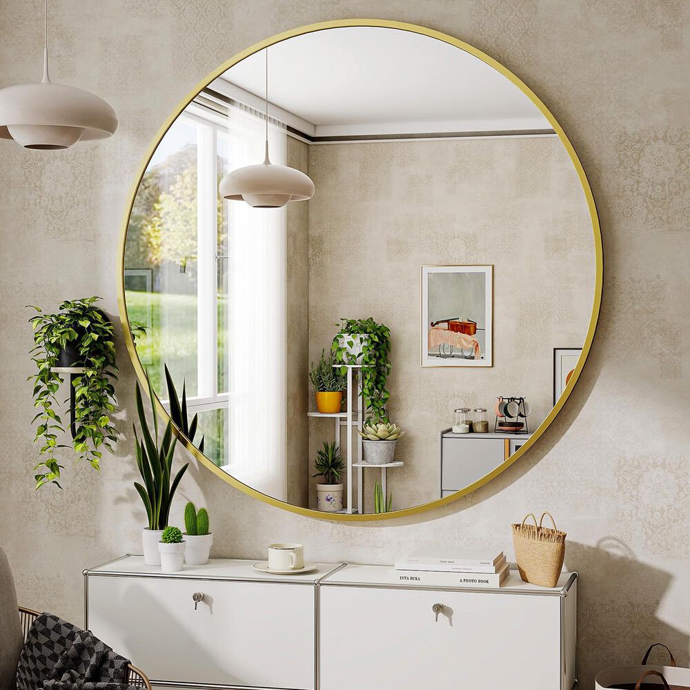 HOMLUX 30" Round Wall Mirror in Gold, , large