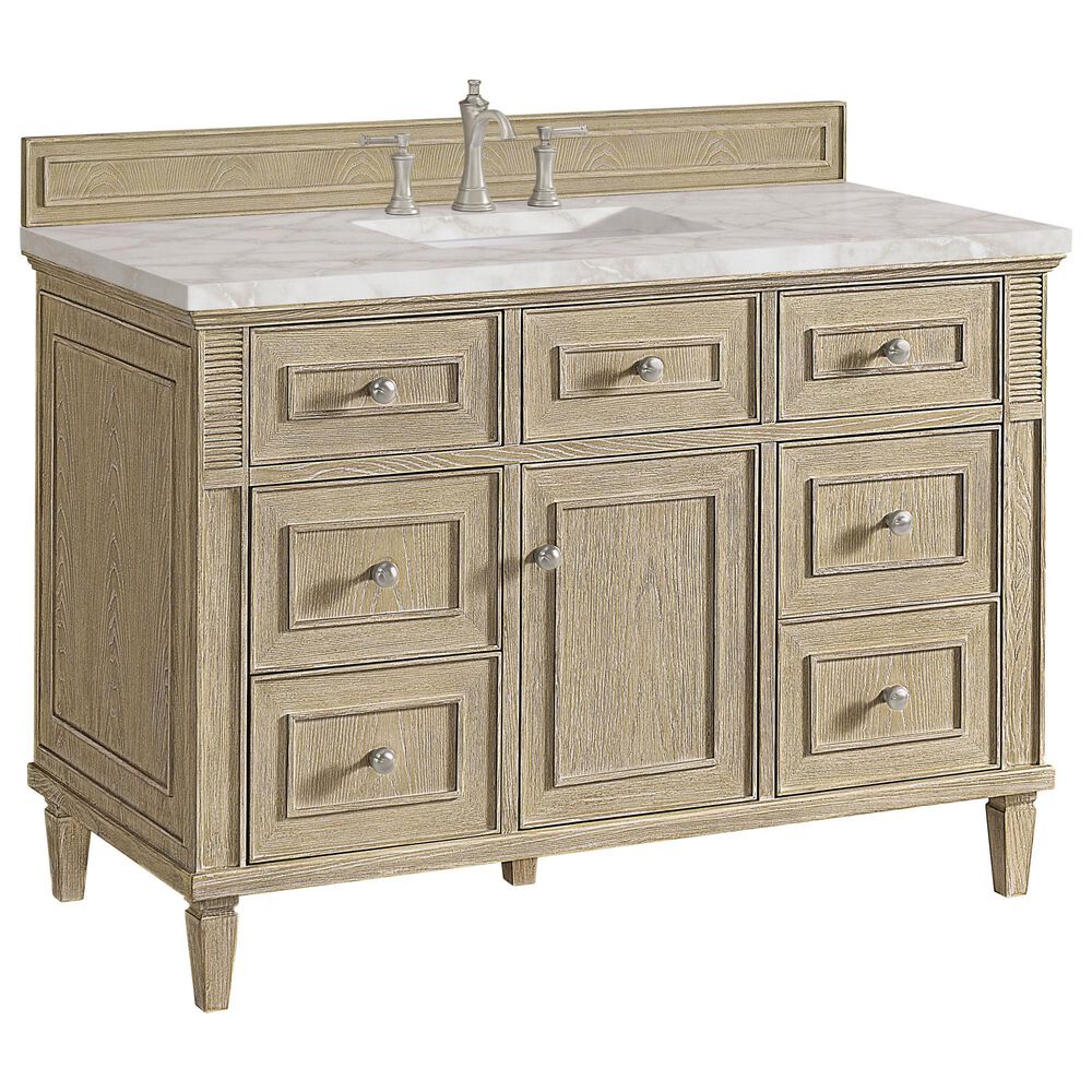 James Martin Vanities Lorelai 48" Single Vanity in Whitewashed Oak with 3 cm Victorian Silver Quartz Top, , large