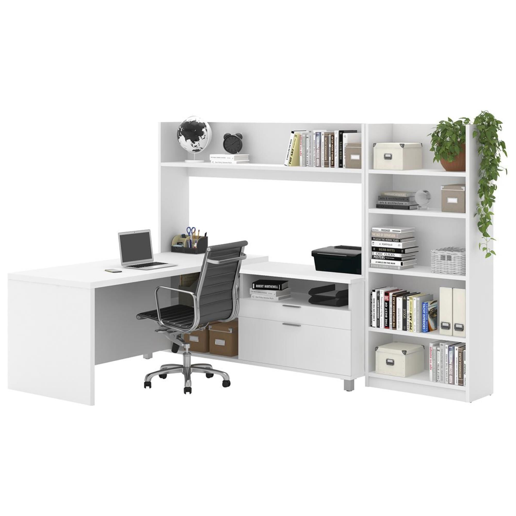 White desk with shop bookcase hutch