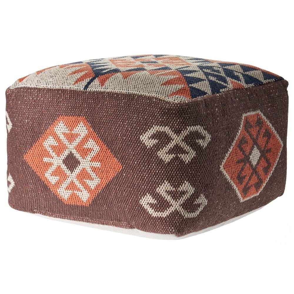 LR Home 18" Square Kilim Pouf in Brown and Orange, , large