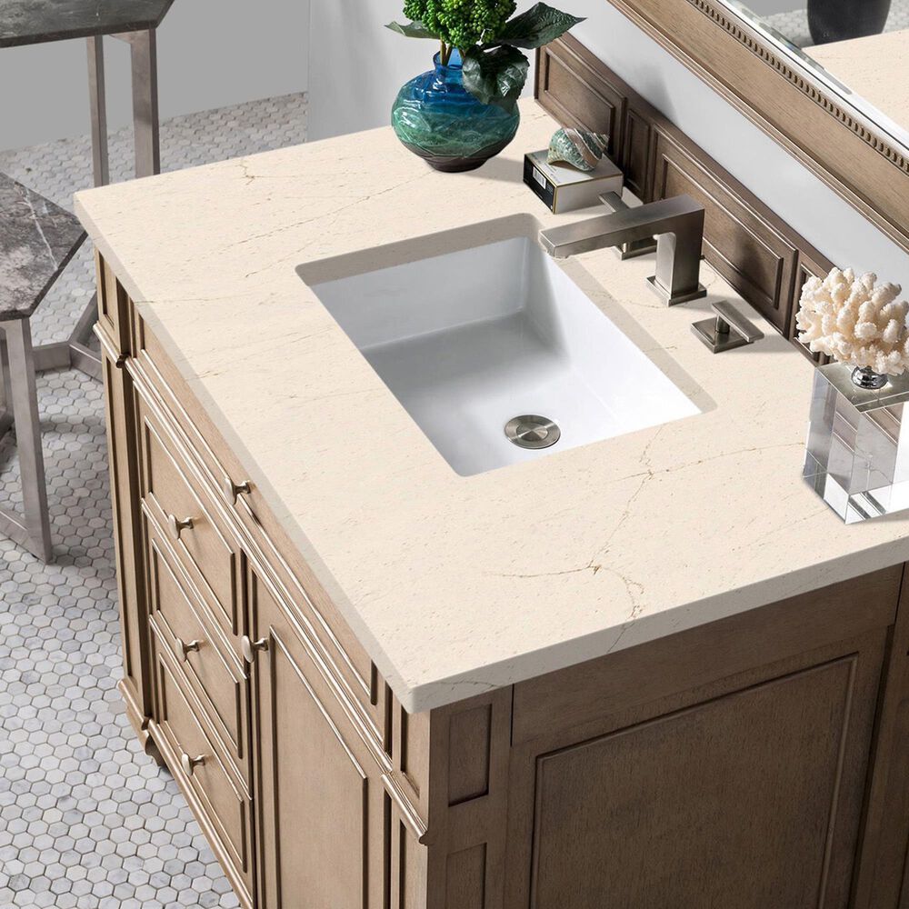 James Martin Vanities Bristol 36&quot; Single Bathroom Vanity in Whitewashed Walnut with 3 cm Eternal Marfil Quartz Top and Rectangular Sink, , large