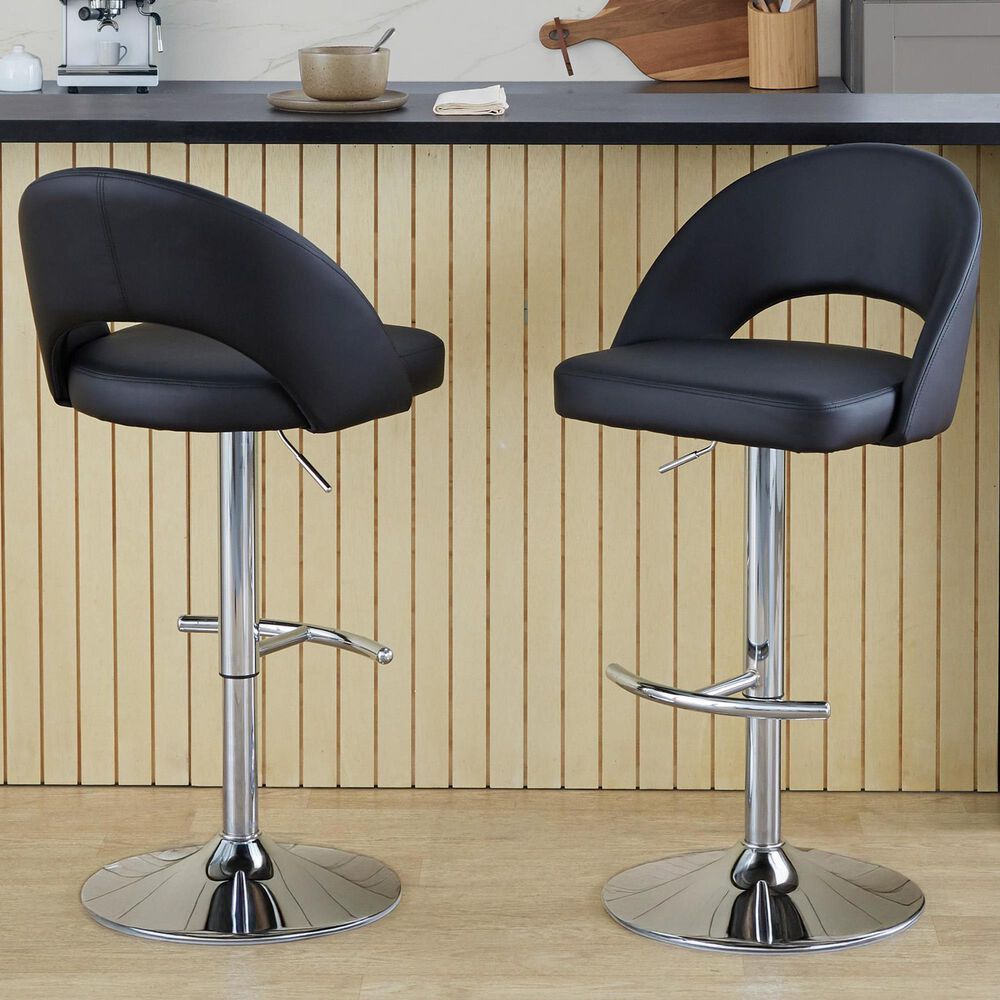 LumiSource Renee Adjustable Swivel Bar Stool with Black Faux Leather Upholstery in Chrome (Set of 2), , large