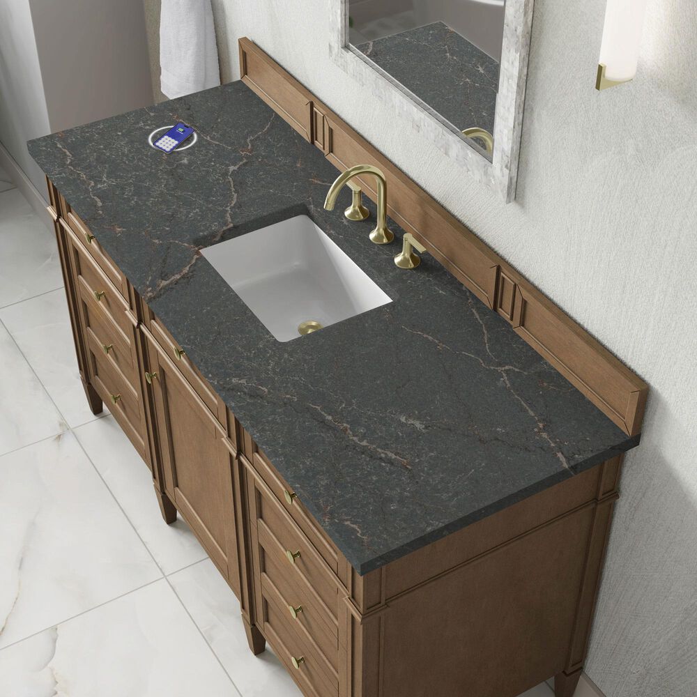 James Martin Brittany 60" Single Bathroom Vanity in Pecan with 3 cm Parisien Bleu Silestone Top, Rectangular Sink and FreePower Wireless Charger, , large
