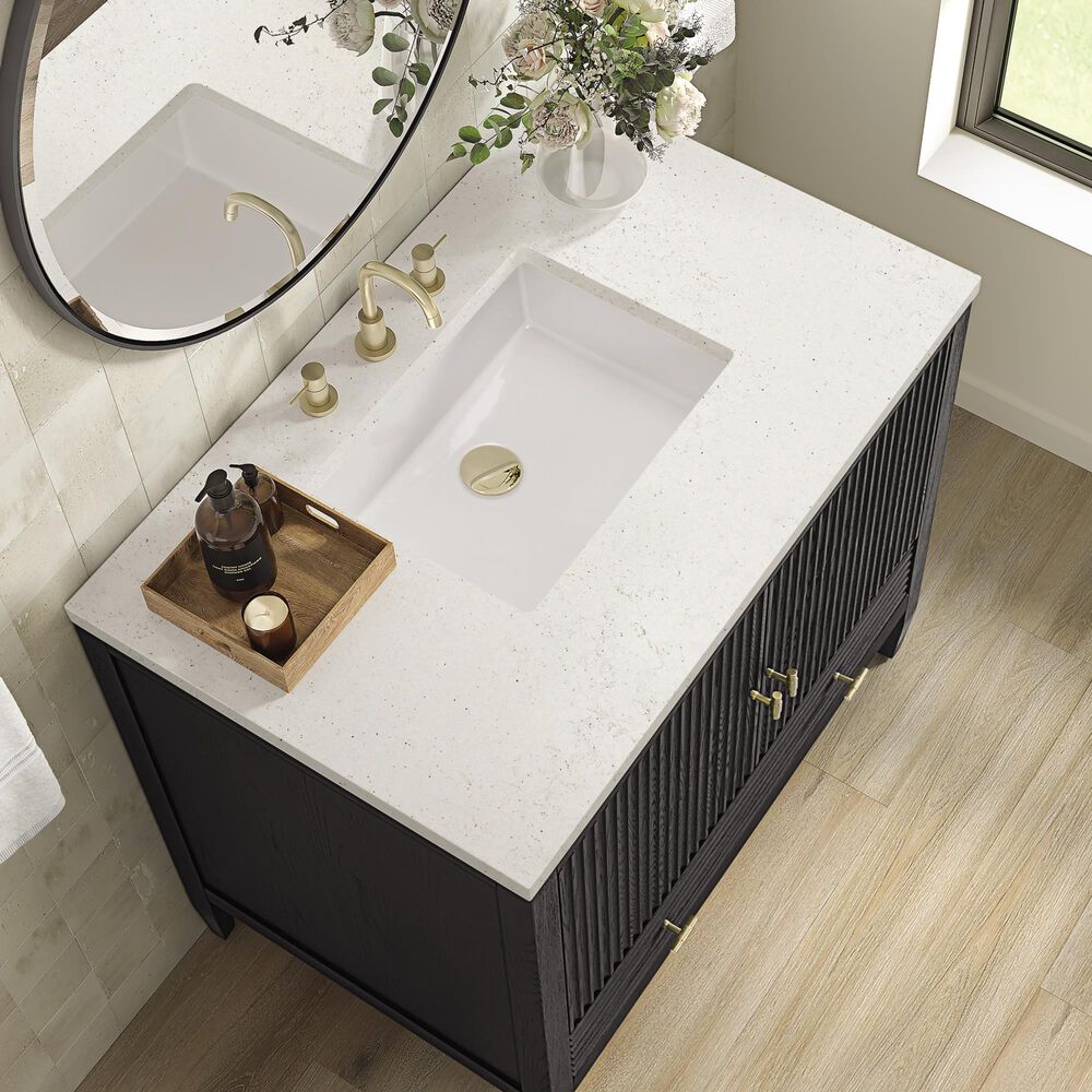 James Martin Vanities Myrrin 36&quot; Vanity in Carbon Oak with 3 cm Lime Delight Quartz Top, , large