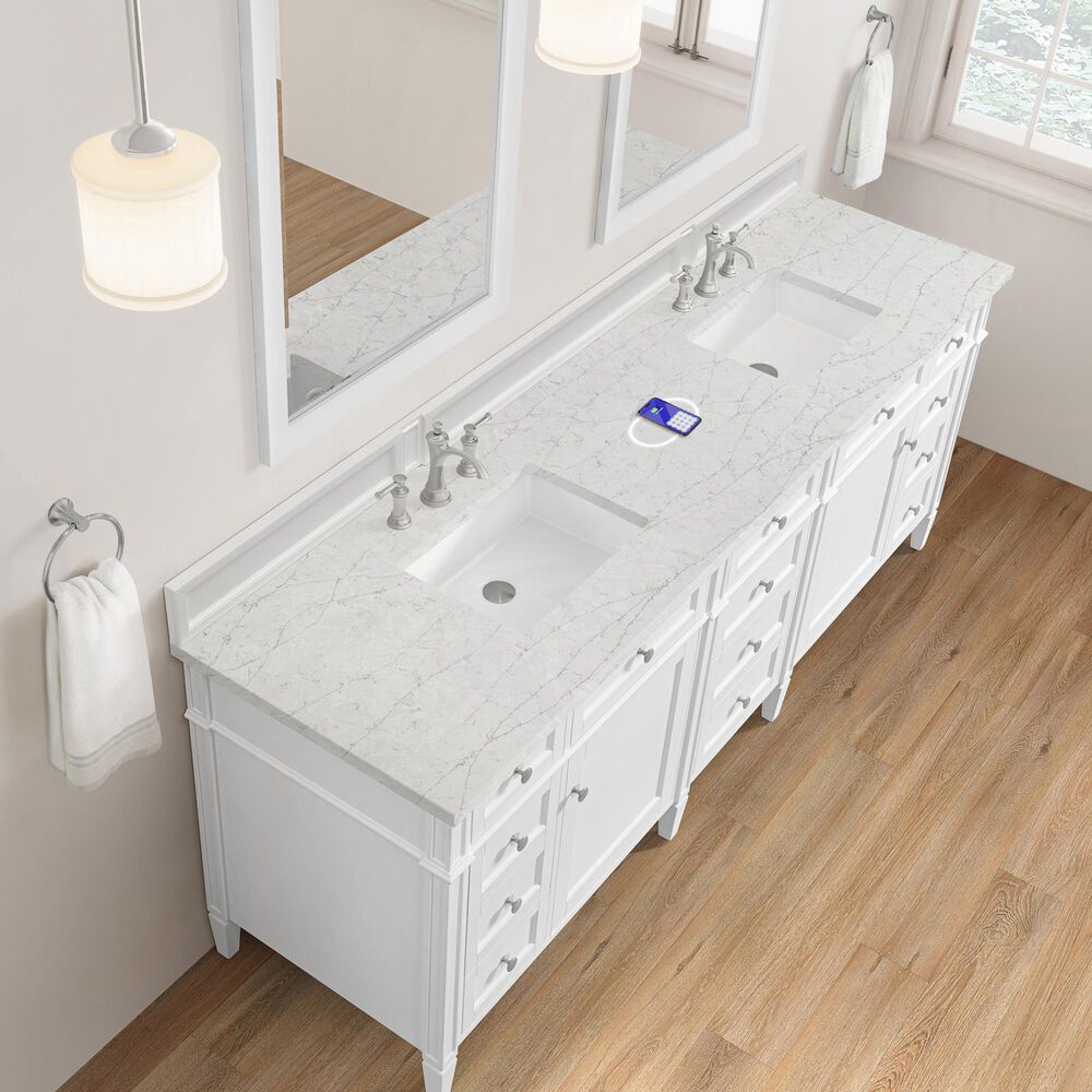 James Martin Brittany 84" Double Bathroom Vanity in Bright White with 3 cm Eternal Jasmine Pearl Top, Rectangular Sinks and FreePower Wireless Charger, , large