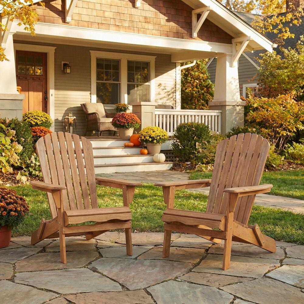 Hearth and Haven Outdoor Folding Adirondack Chair in Light Brown (Set of 2), , large