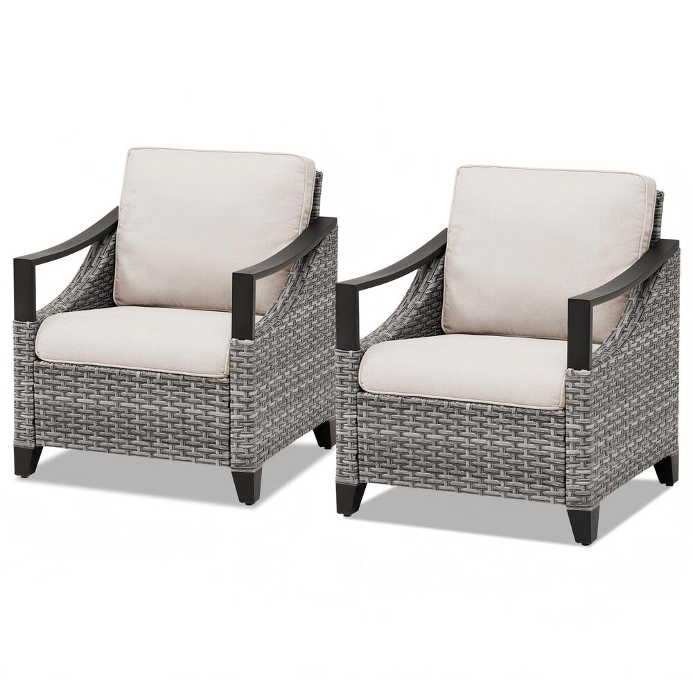 Sunwell Garden Patio Stationary Chair with Gray Frame and Metal Armrests in Beige (Set of 2), , large