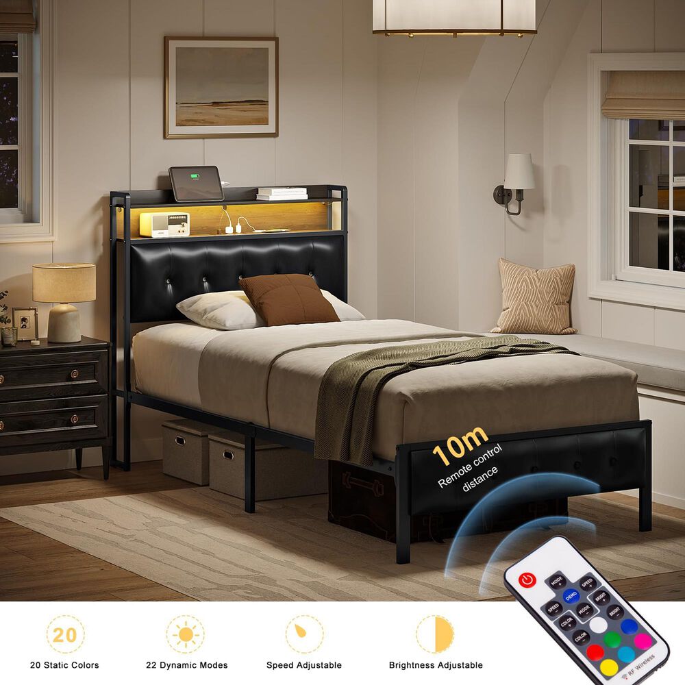 HOMLUX Twin Upholstered Bookcase Bed with LED Headboard with Charging Station in Black, , large