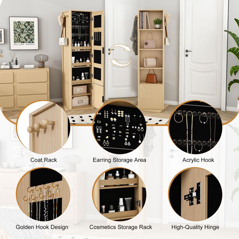 GigaCloud Rotating Jewelry Cabinet with Full-length Mirror, Coat Rack and Shelves in Walnut, , large