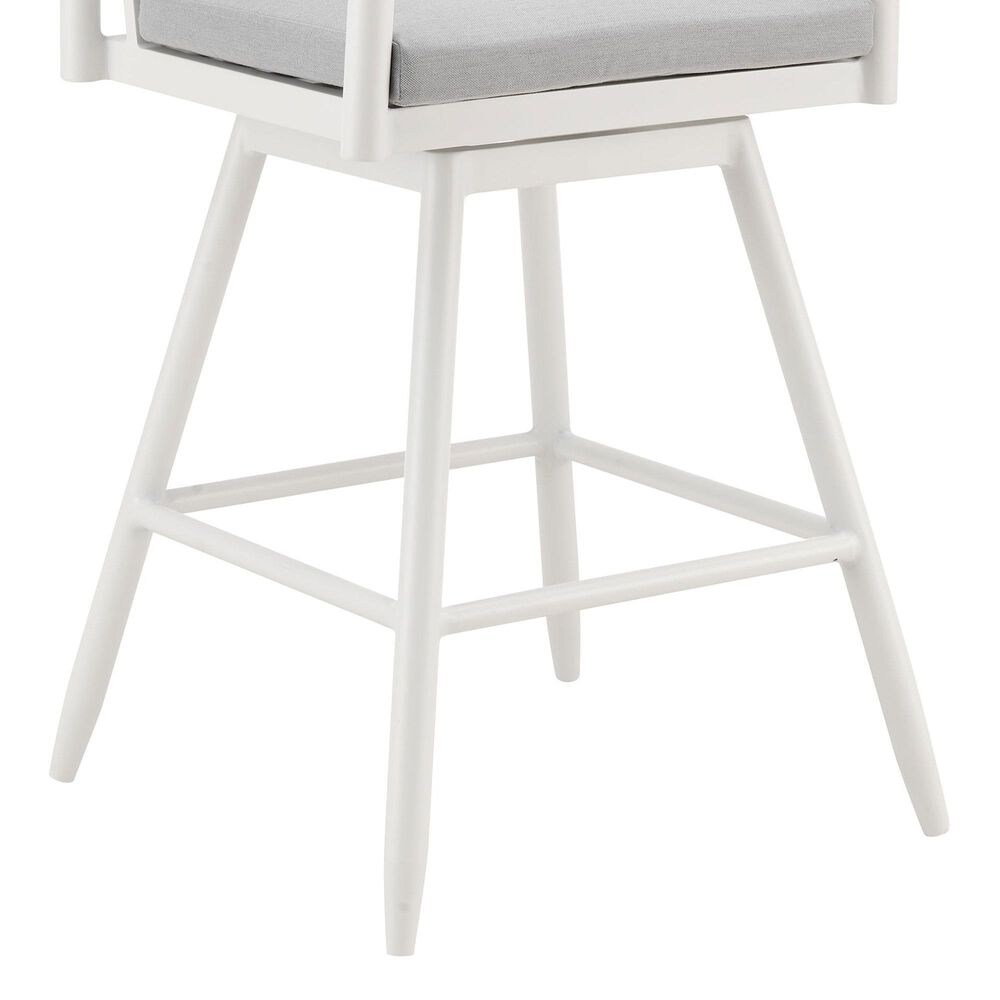 Armen Living Crown Patio Swivel Counter Height Bar Stool with Light Gray Cushion in White, , large